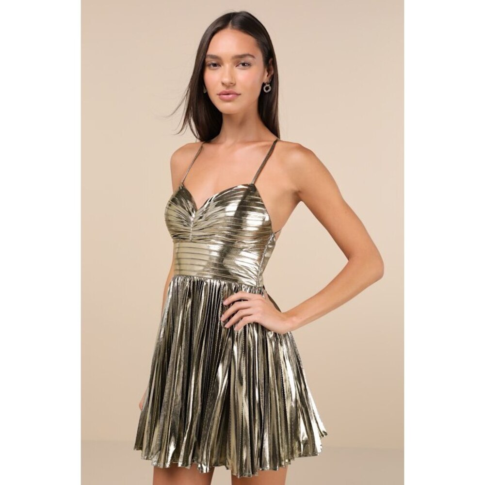 Lulus Glamorous Choice Gold Metallic Pleated Lace-up Mini Dress - Size M
